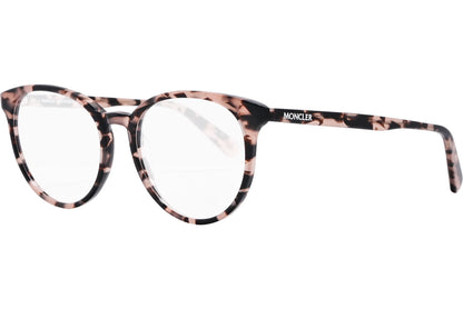 moncler oval tortoise eyeglasses frame viewed from a 45-degree angle.