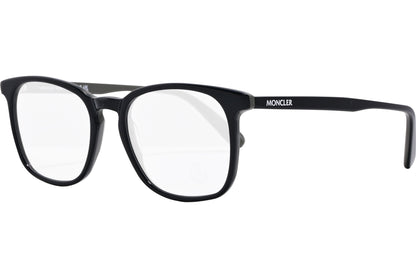 moncler rectangle black eyeglasses frame viewed from a 45-degree angle.