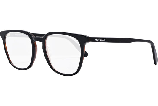 moncler rectangle black eyeglasses frame viewed from a 45-degree angle.