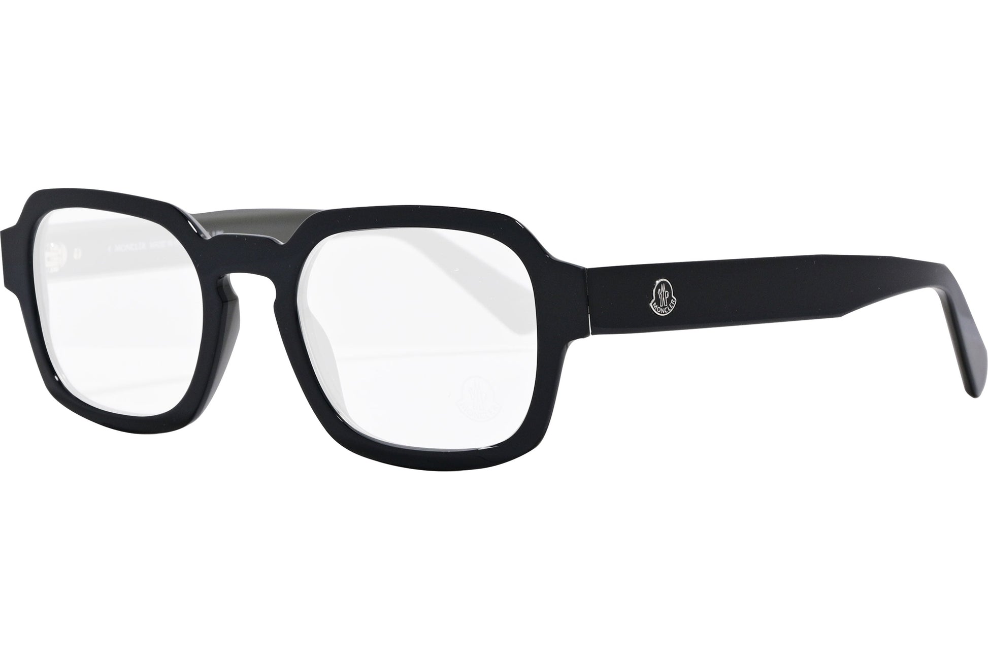 moncler rectangle black eyeglasses frame viewed from a 45-degree angle.