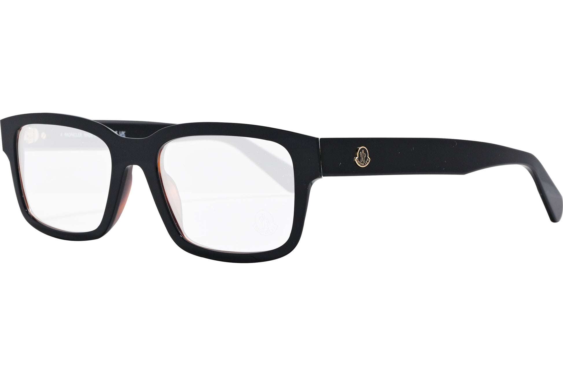 moncler rectangle black eyeglasses frame viewed from a 45-degree angle.