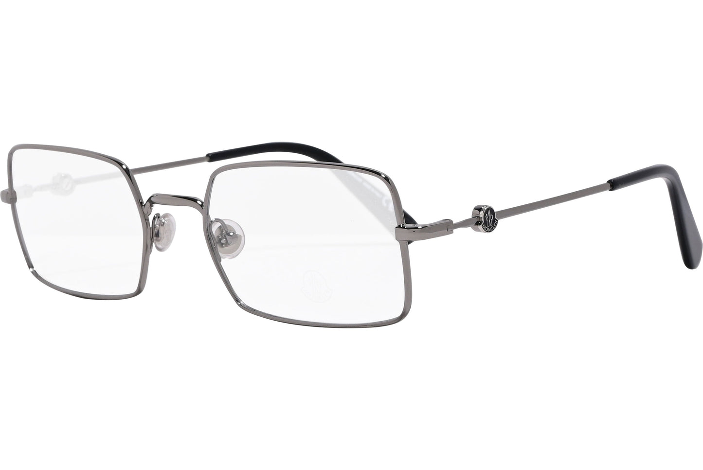 moncler square black eyeglasses frame viewed from a 45-degree angle.