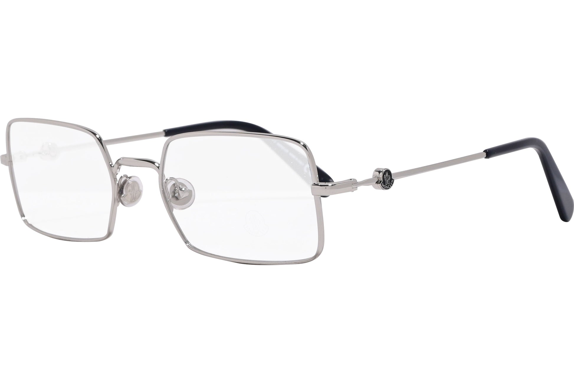 moncler rectangle black eyeglasses frame viewed from a 45-degree angle.