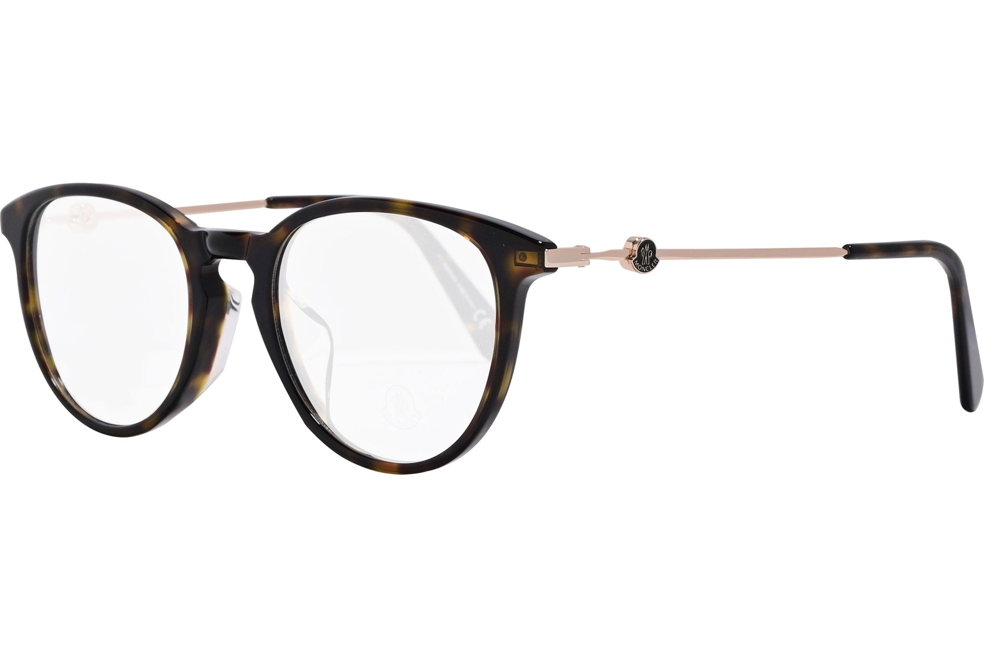 moncler oval tortoise eyeglasses frame viewed from a 45-degree angle.