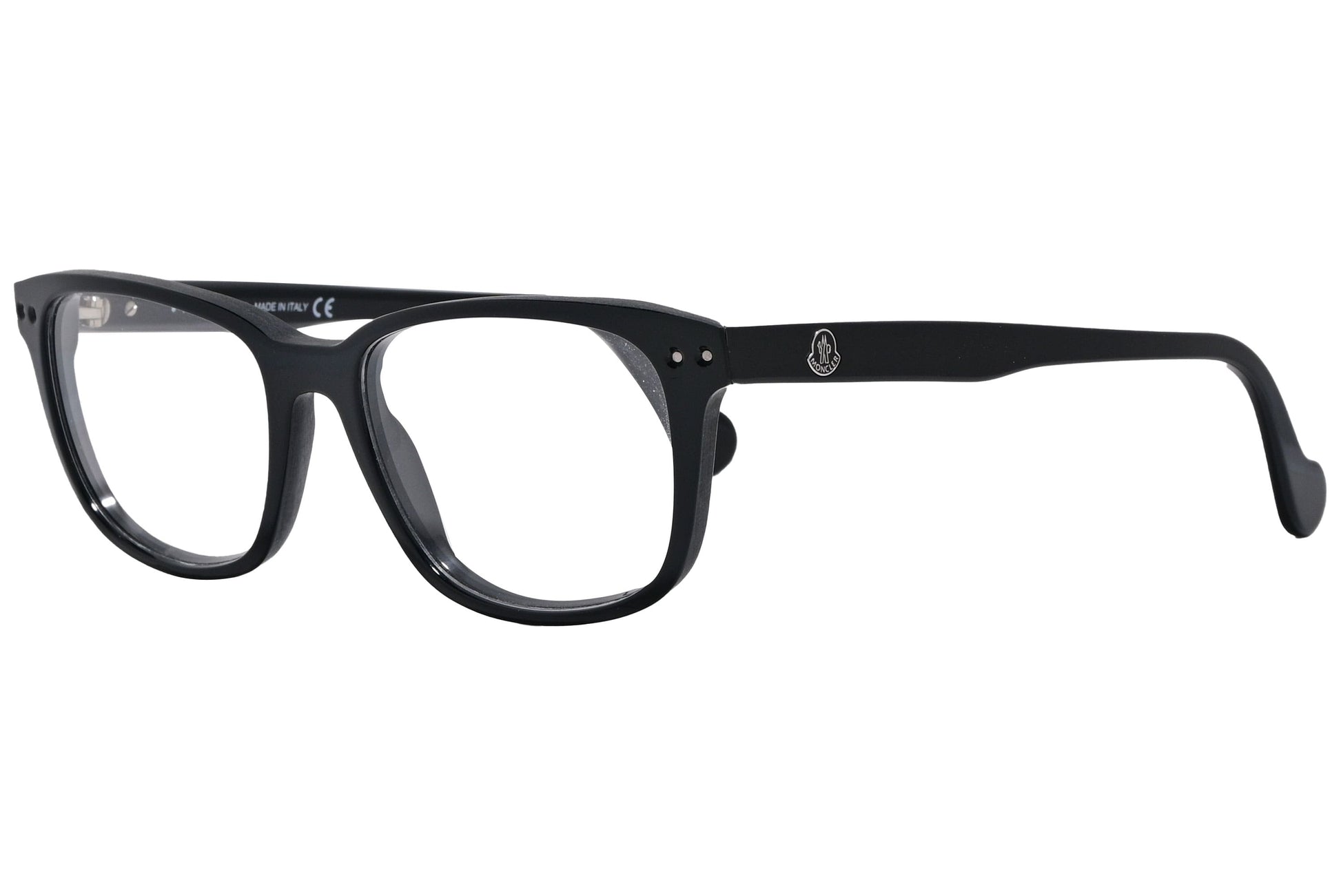 moncler square black eyeglasses frame viewed from a 45-degree angle.