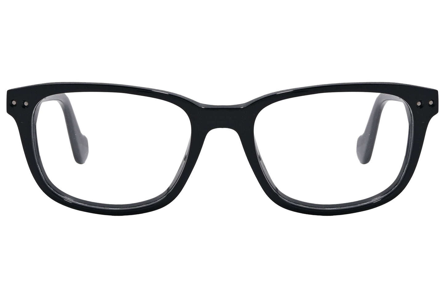 moncler square black eyeglasses frame viewed from front angle.