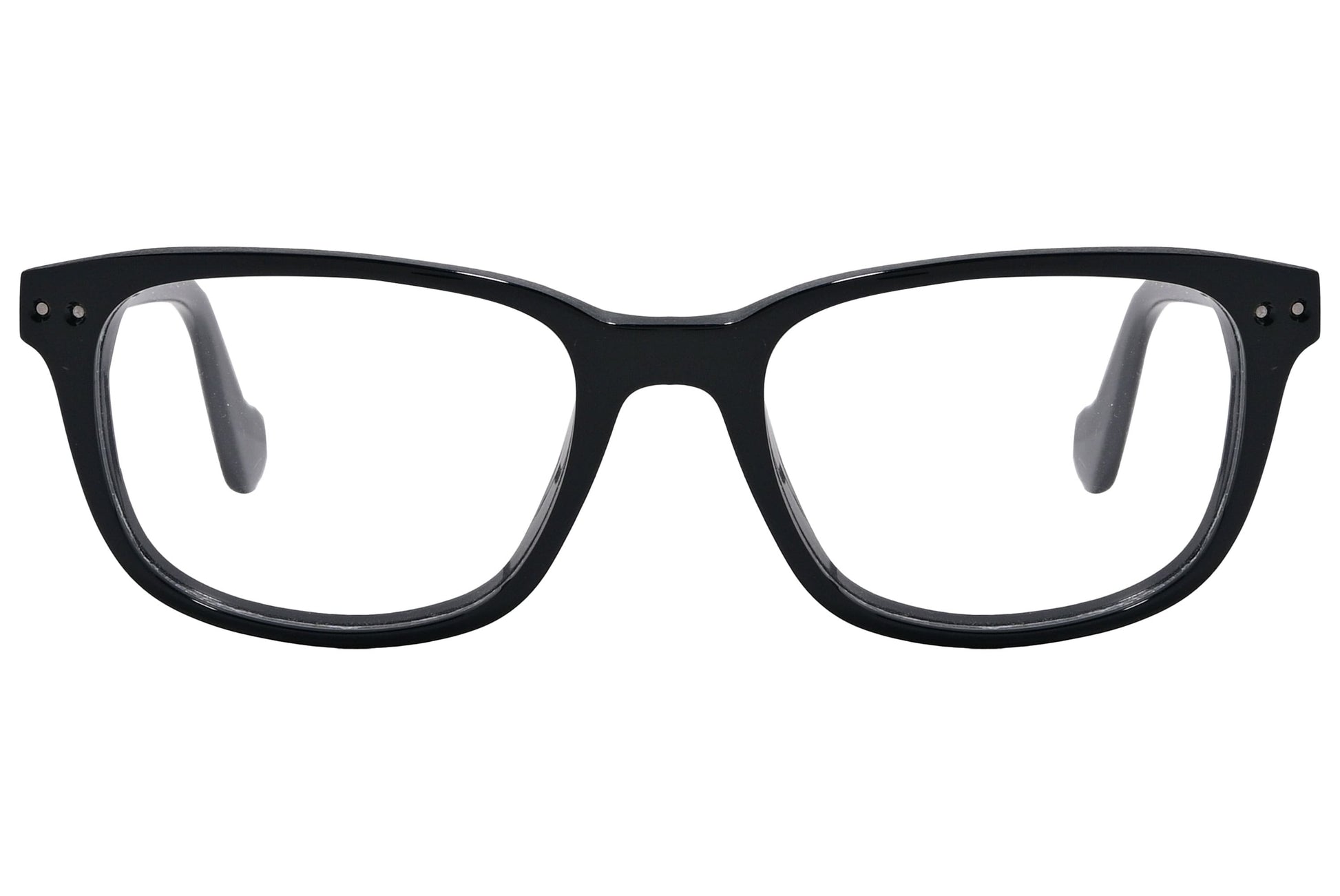 moncler square black eyeglasses frame viewed from front angle.