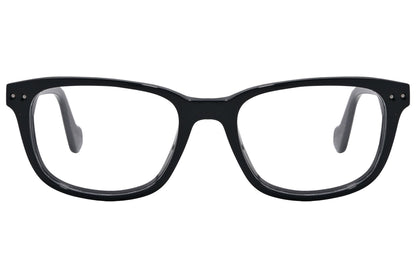 moncler square black eyeglasses frame viewed from front angle.