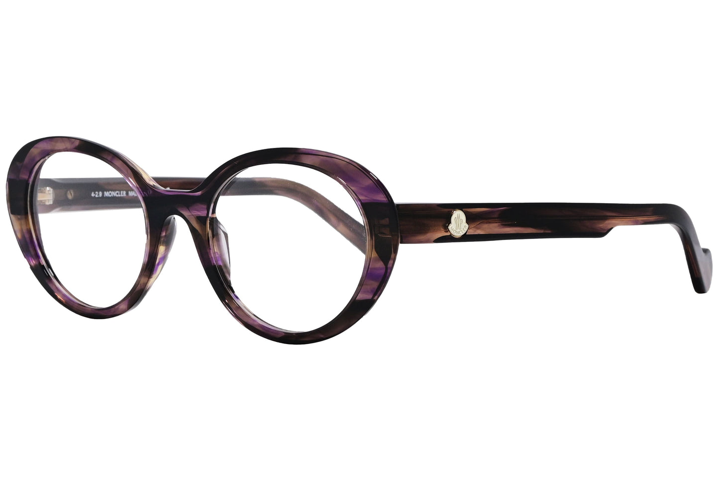 moncler oval purple eyeglasses frame viewed from a 45-degree angle.