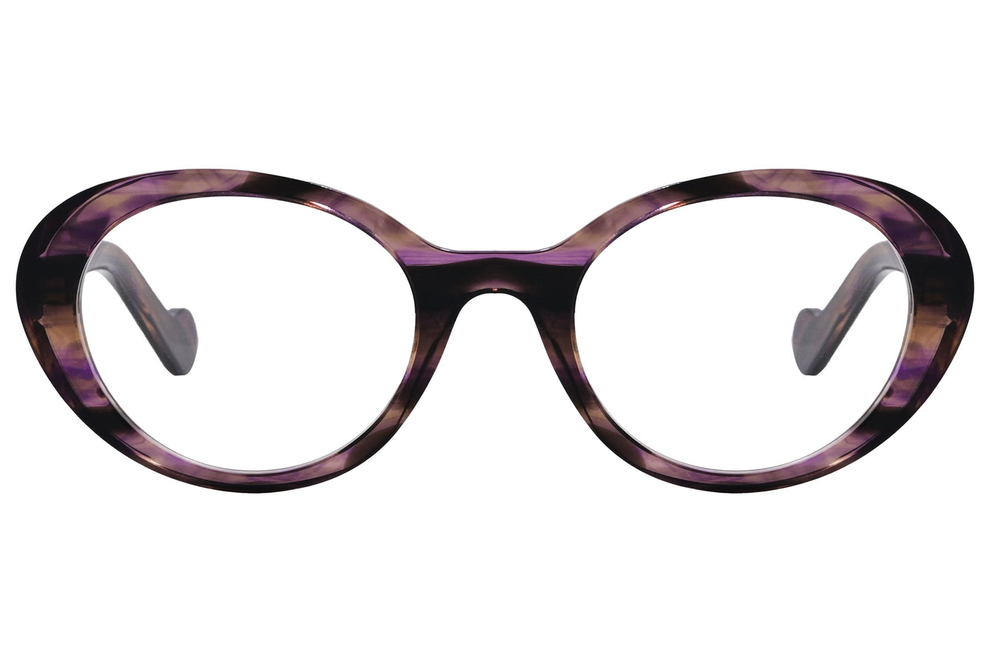 moncler oval purple eyeglasses frame viewed from front angle.