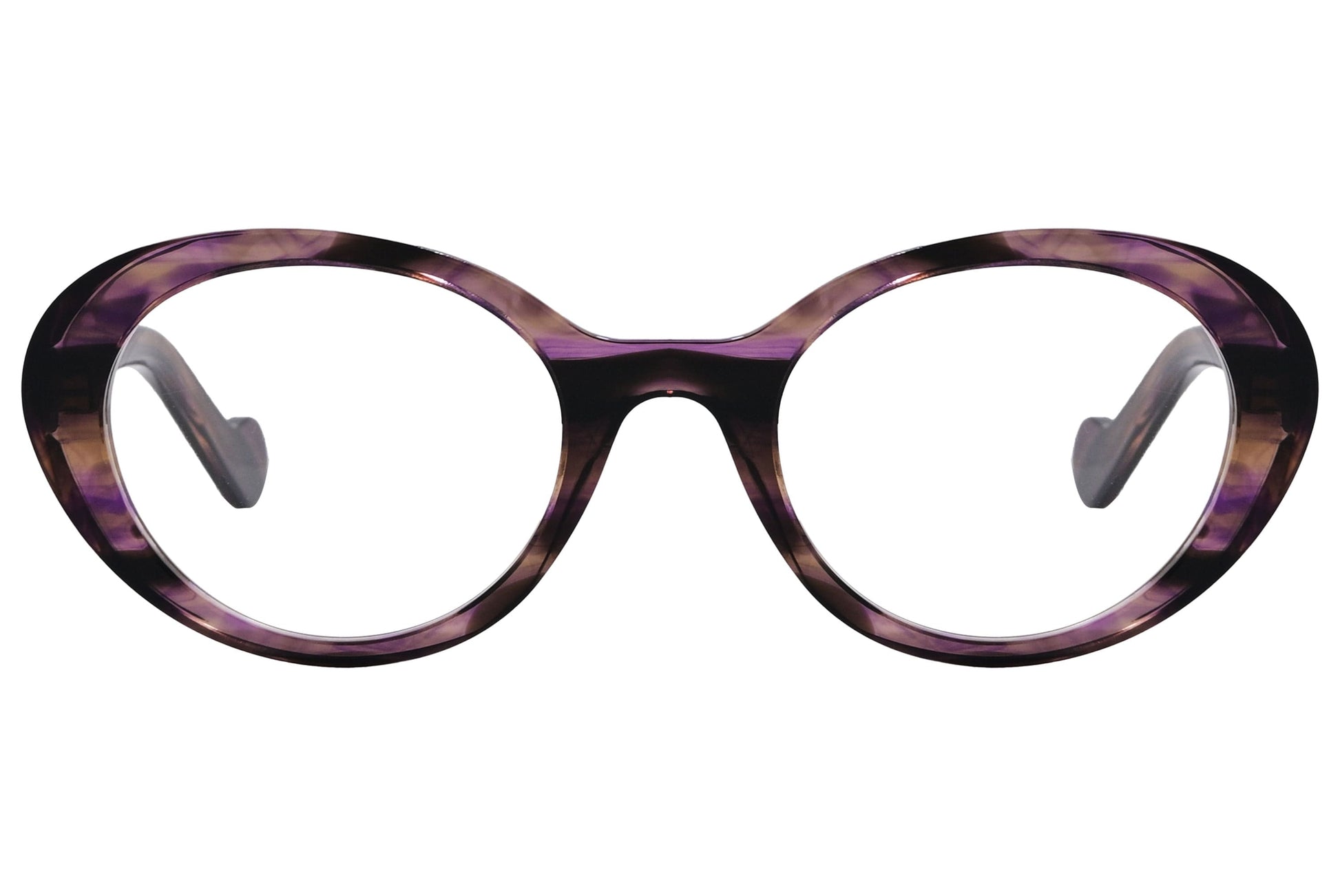 moncler oval purple eyeglasses frame viewed from front angle.