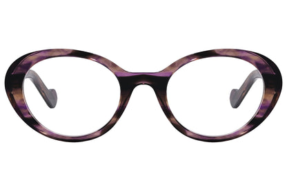 moncler oval purple eyeglasses frame viewed from front angle.