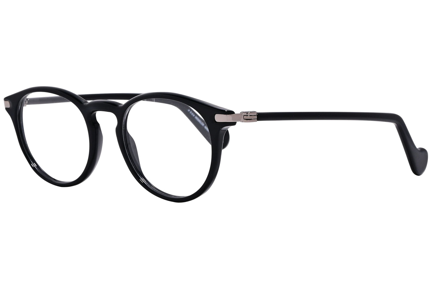 moncler round black eyeglasses frame viewed from a 45-degree angle.