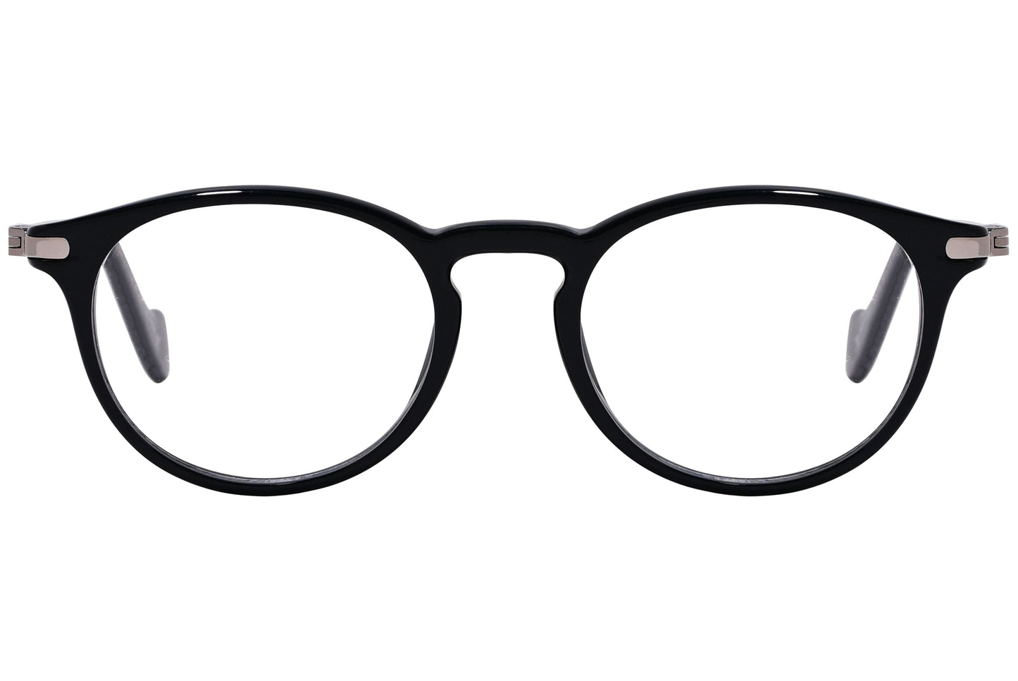 moncler round black eyeglasses frame viewed from front angle.