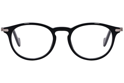 moncler round black eyeglasses frame viewed from front angle.