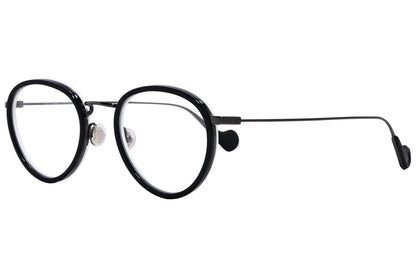 moncler geometric black eyeglasses frame viewed from a 45-degree angle.