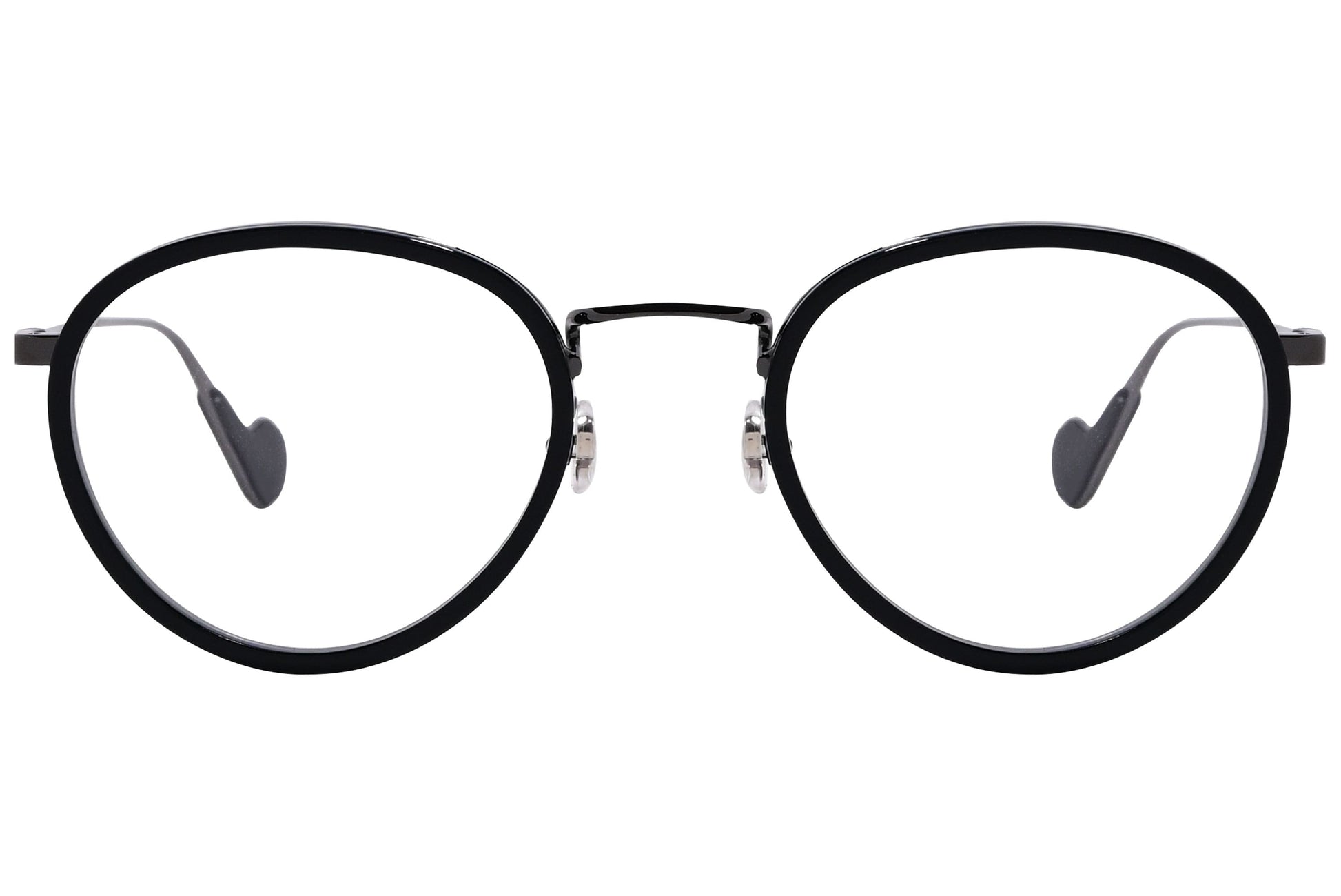 moncler geometric black eyeglasses frame viewed from front angle.