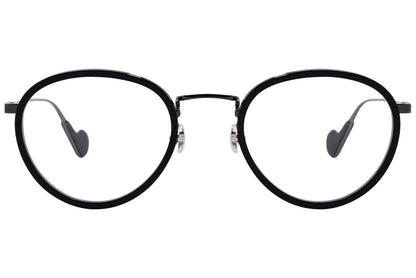 moncler geometric black eyeglasses frame viewed from front angle.