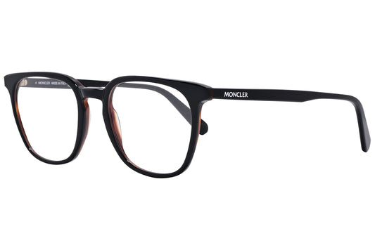 moncler square black eyeglasses frame viewed from a 45-degree angle.