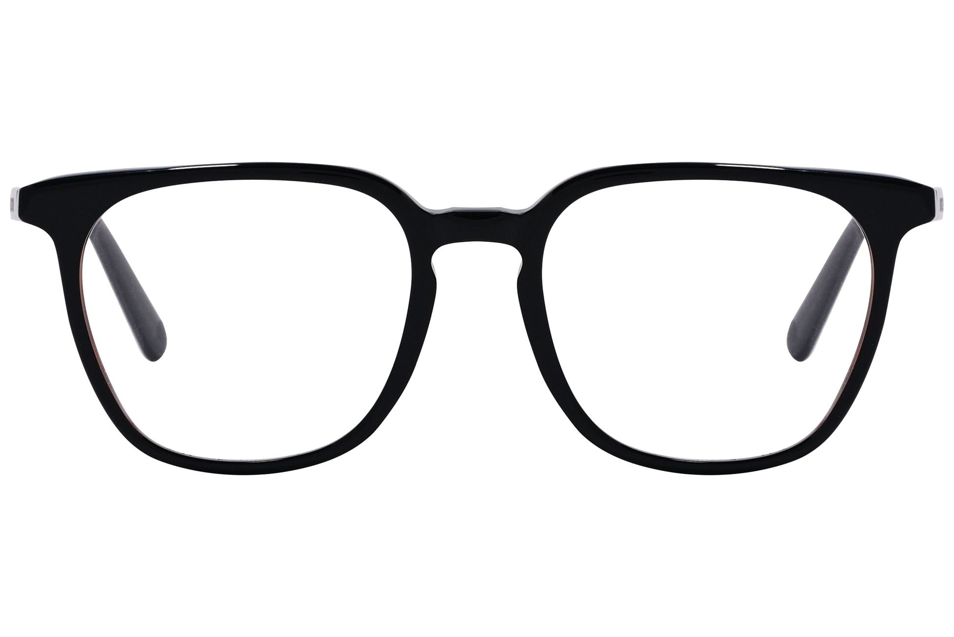 moncler square black eyeglasses frame viewed from front angle.