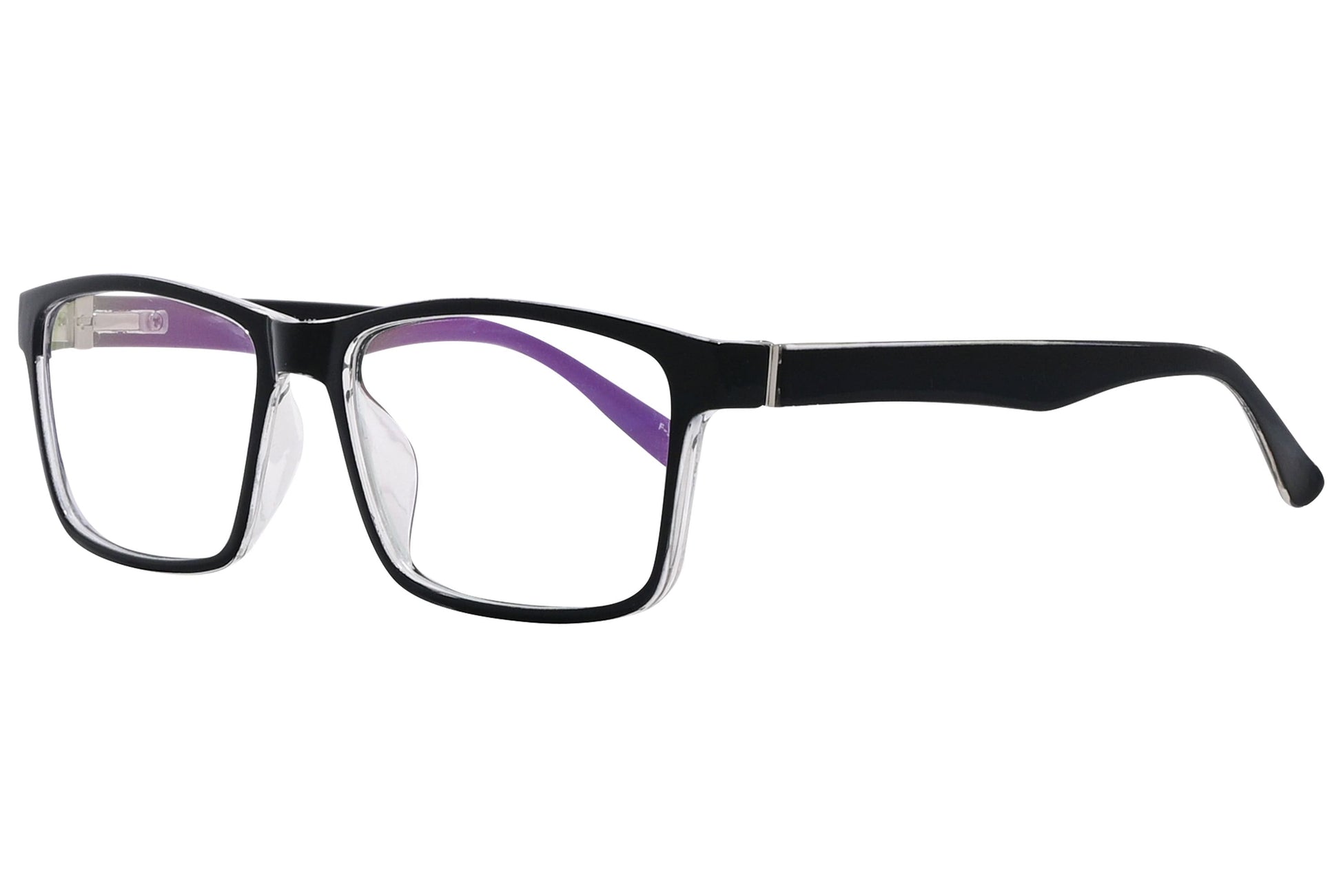 monggaz square black eyeglasses frame viewed from a 45-degree angle.