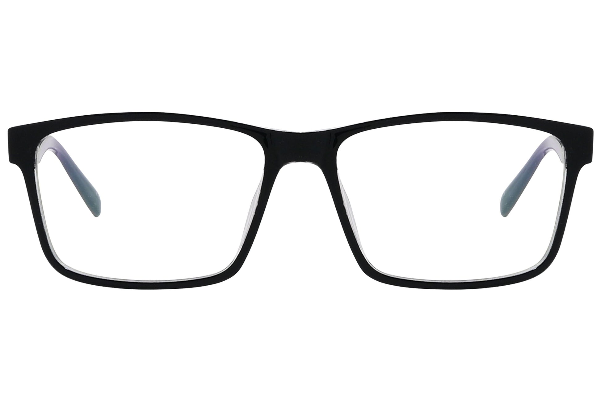 monggaz square black eyeglasses frame viewed from front angle.