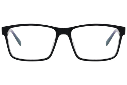 monggaz square black eyeglasses frame viewed from front angle.