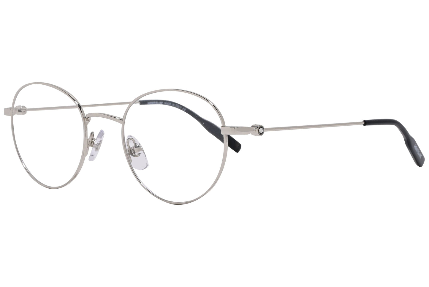 montblanc round silver eyeglasses frame viewed from a 45-degree angle.