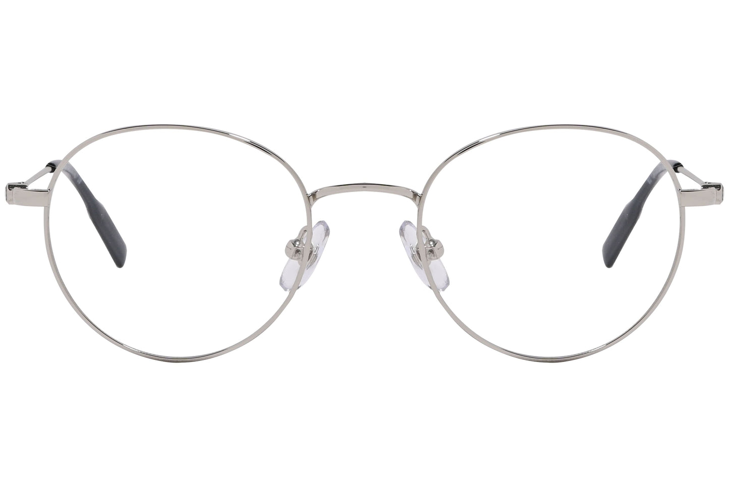 montblanc round silver eyeglasses frame viewed from front angle.