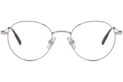 montblanc round silver eyeglasses frame viewed from front angle.