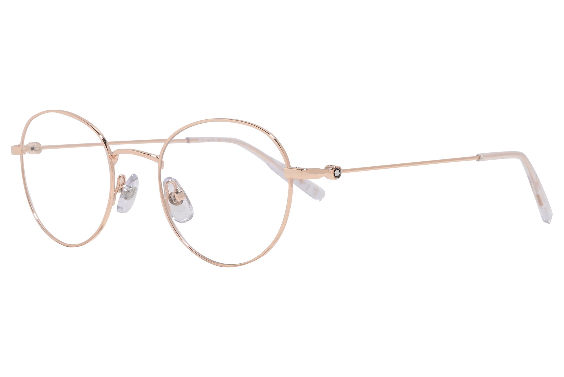 Rose gold round eyeglasses with a metallic frame.