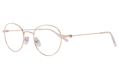 Rose gold round eyeglasses with a metallic frame.