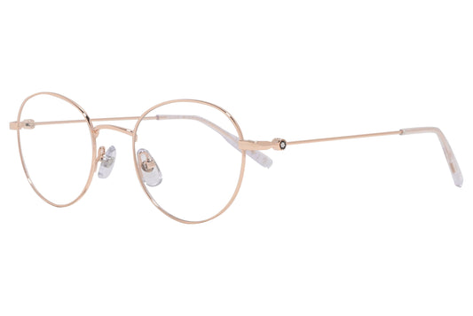 montblanc round rose gold eyeglasses frame viewed from a 45-degree angle.