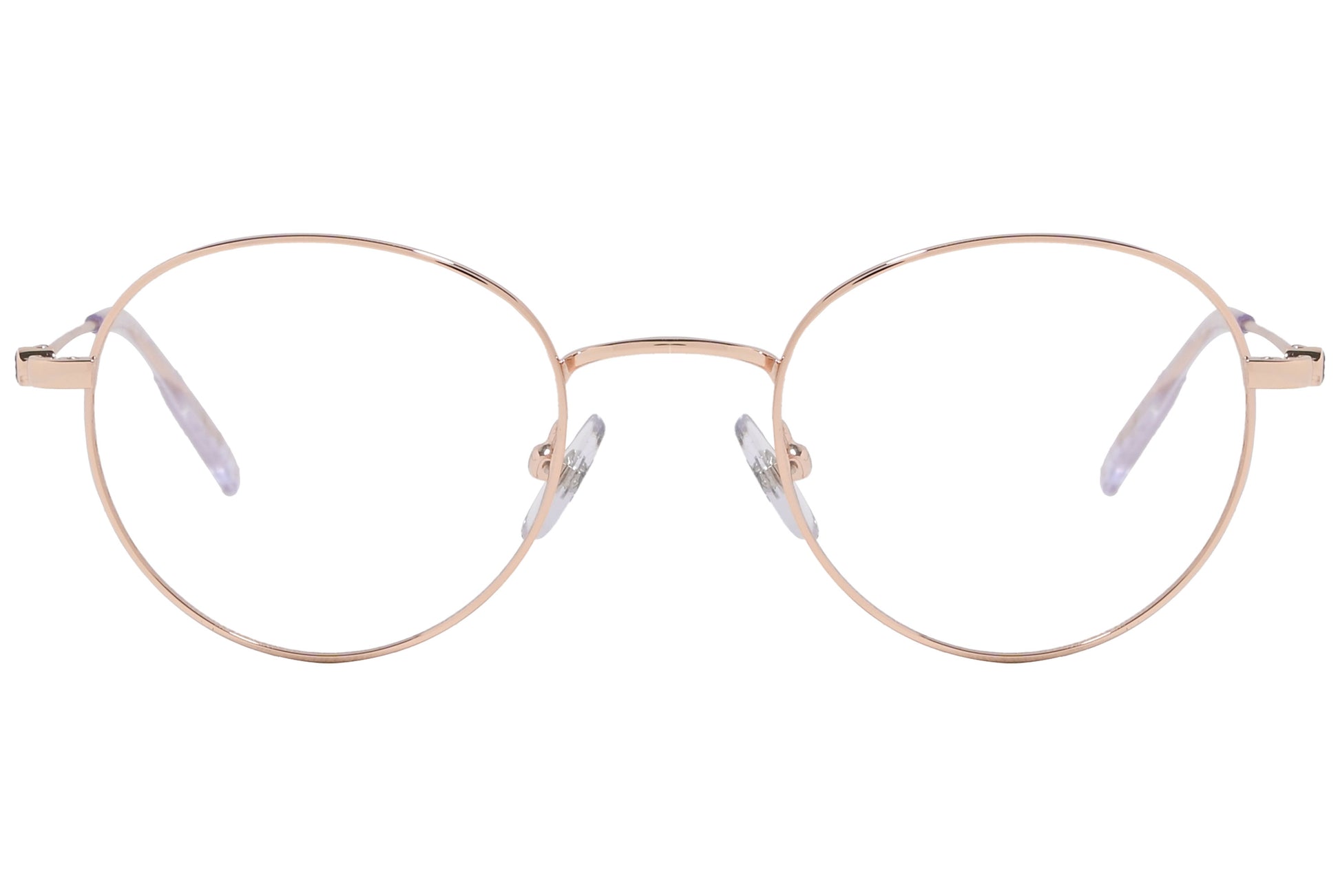 Rose gold round eyeglasses with a metallic frame.