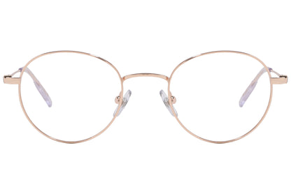 Rose gold round eyeglasses with a metallic frame.