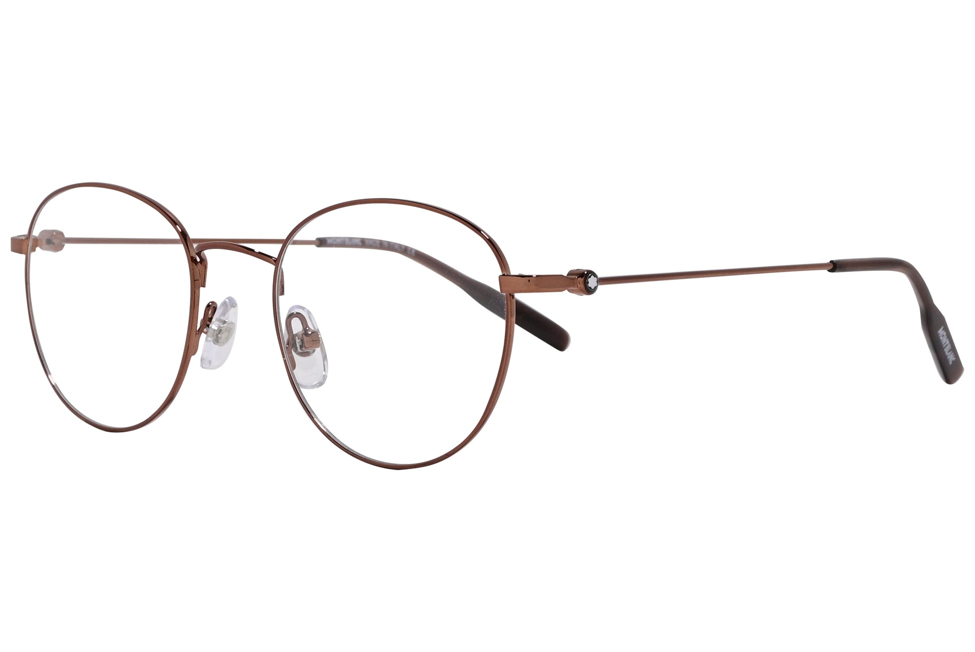A pair of round eyeglasses with a bronze color frame.