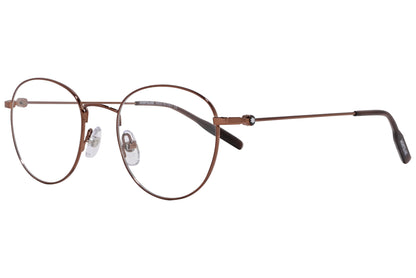 A pair of round eyeglasses with a bronze color frame.