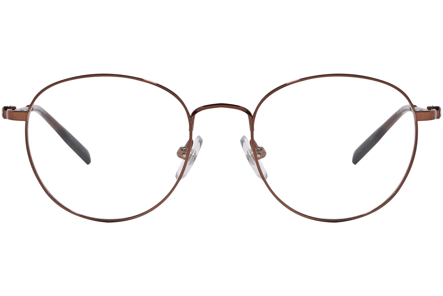 A pair of round eyeglasses with a bronze color frame.