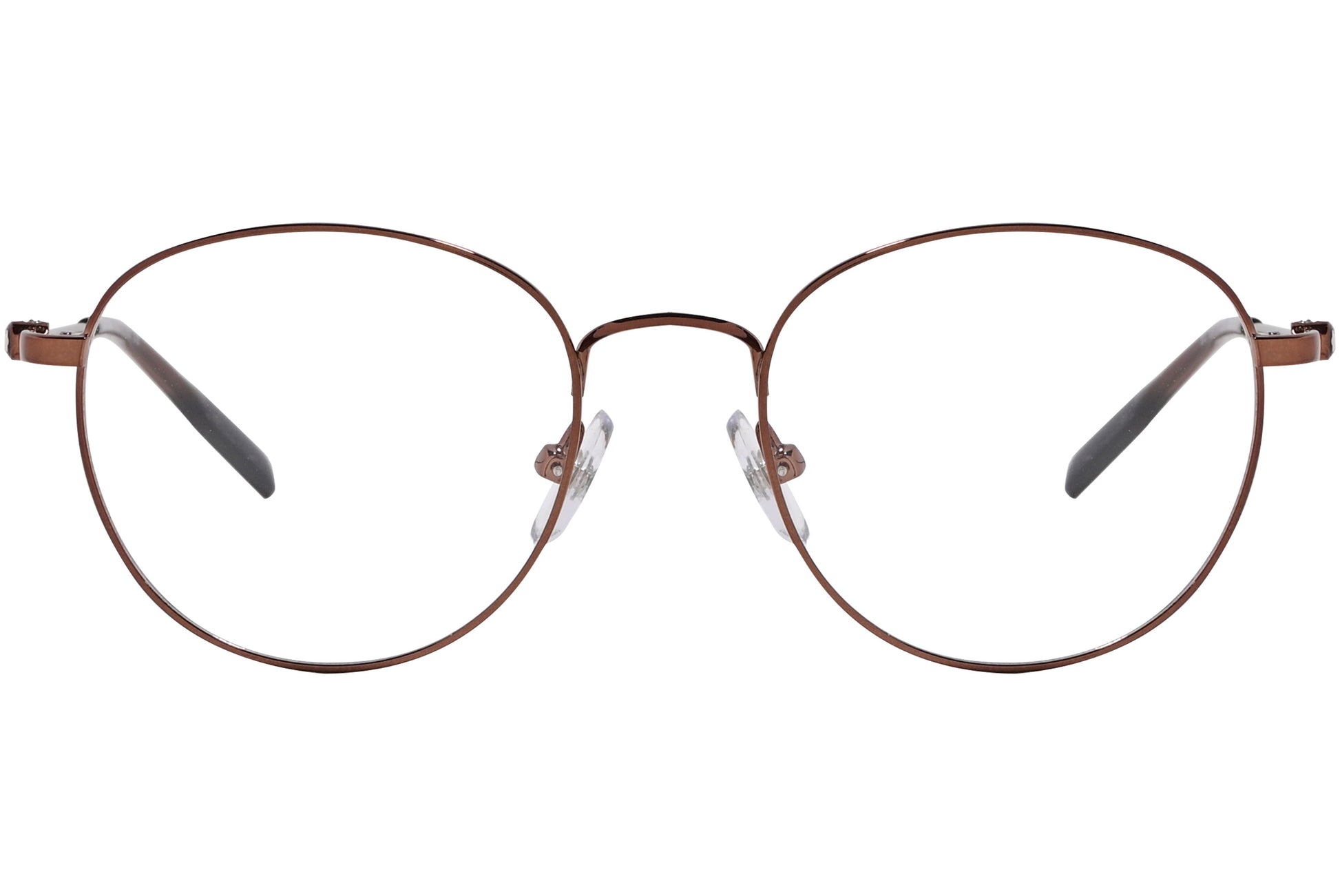 A pair of round eyeglasses with a bronze color frame.