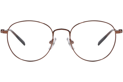 A pair of round eyeglasses with a bronze color frame.