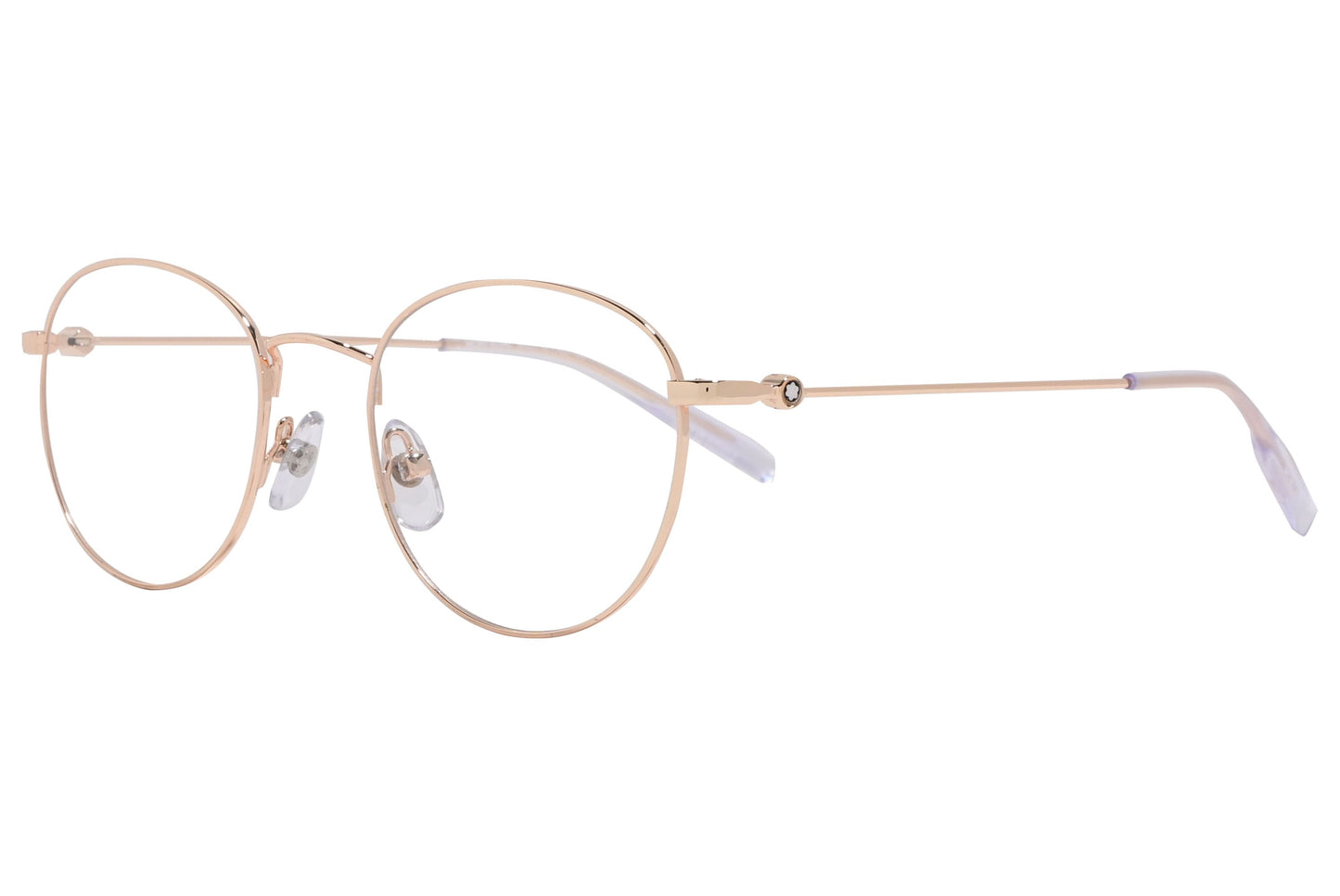 montblanc round rose gold eyeglasses frame viewed from a 45-degree angle.