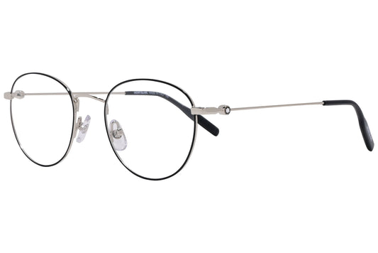 montblanc round silver and black eyeglasses frame viewed from a 45-degree angle.