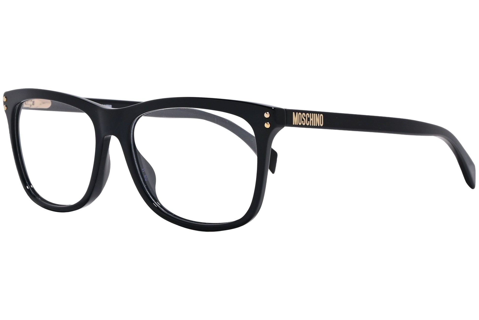 moschino wayfarer black eyeglasses frame viewed from a 45-degree angle.