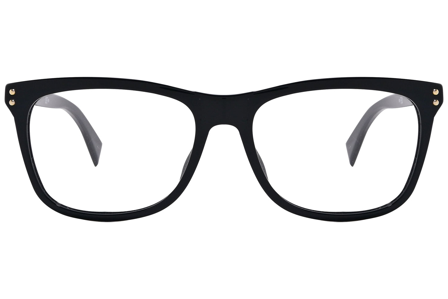 moschino wayfarer black eyeglasses frame viewed from front angle.