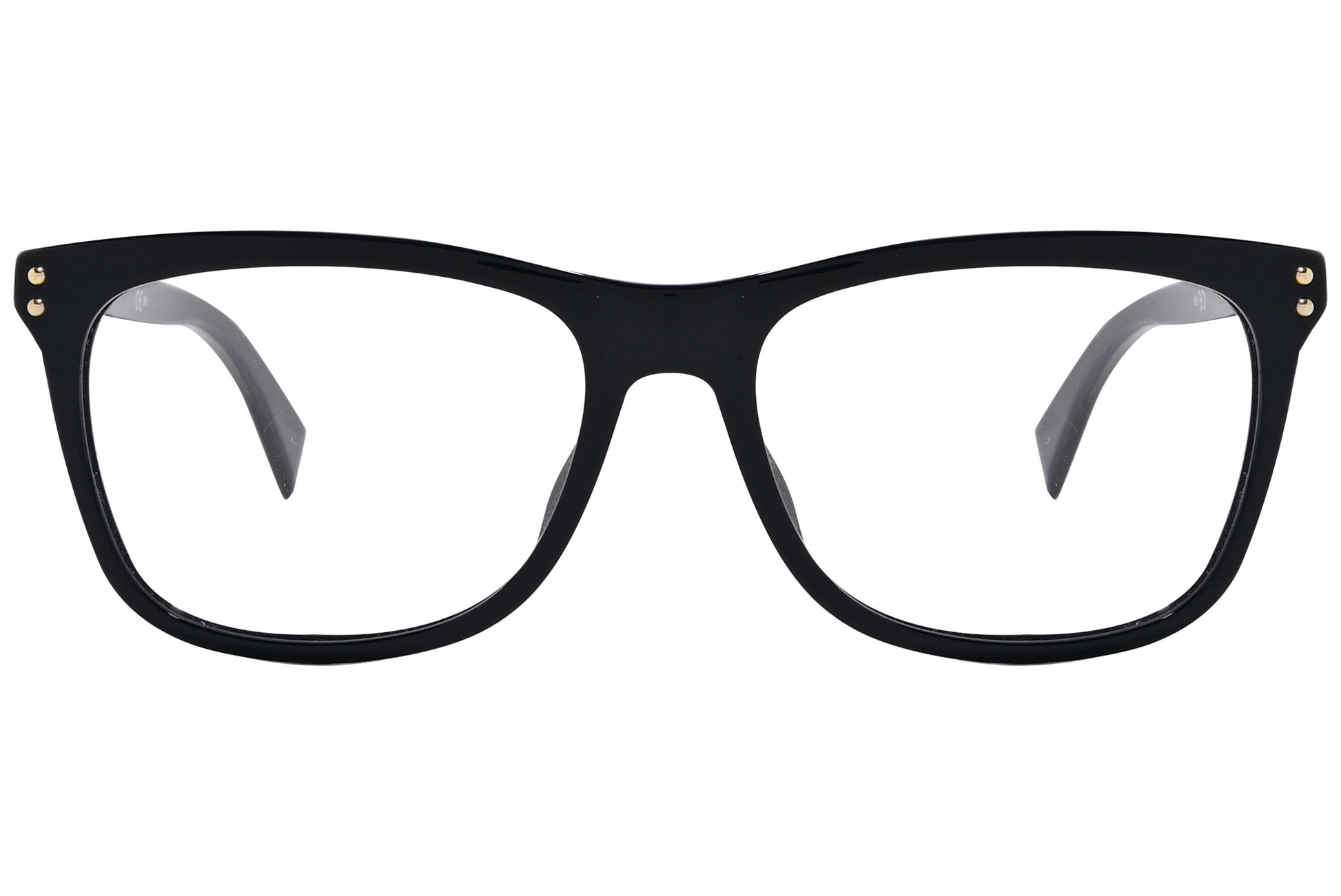 moschino wayfarer black eyeglasses frame viewed from front angle.