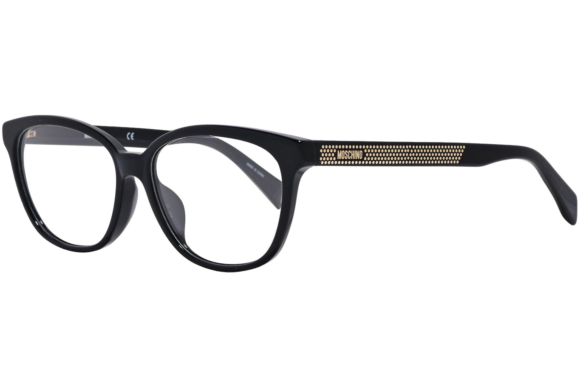 moschino rectangle black eyeglasses frame viewed from a 45-degree angle.