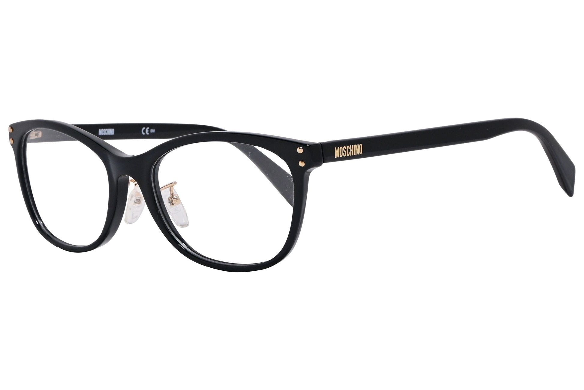 moschino rectangle black eyeglasses frame viewed from a 45-degree angle.