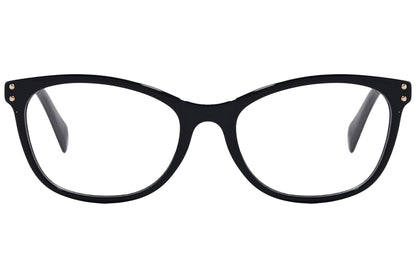 moschino rectangle black eyeglasses frame viewed from front angle.