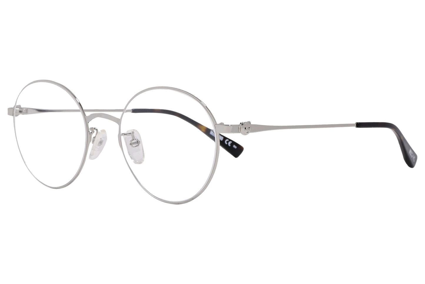 moschino round silver eyeglasses frame viewed from a 45-degree angle.