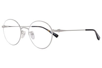 moschino round silver eyeglasses frame viewed from a 45-degree angle.